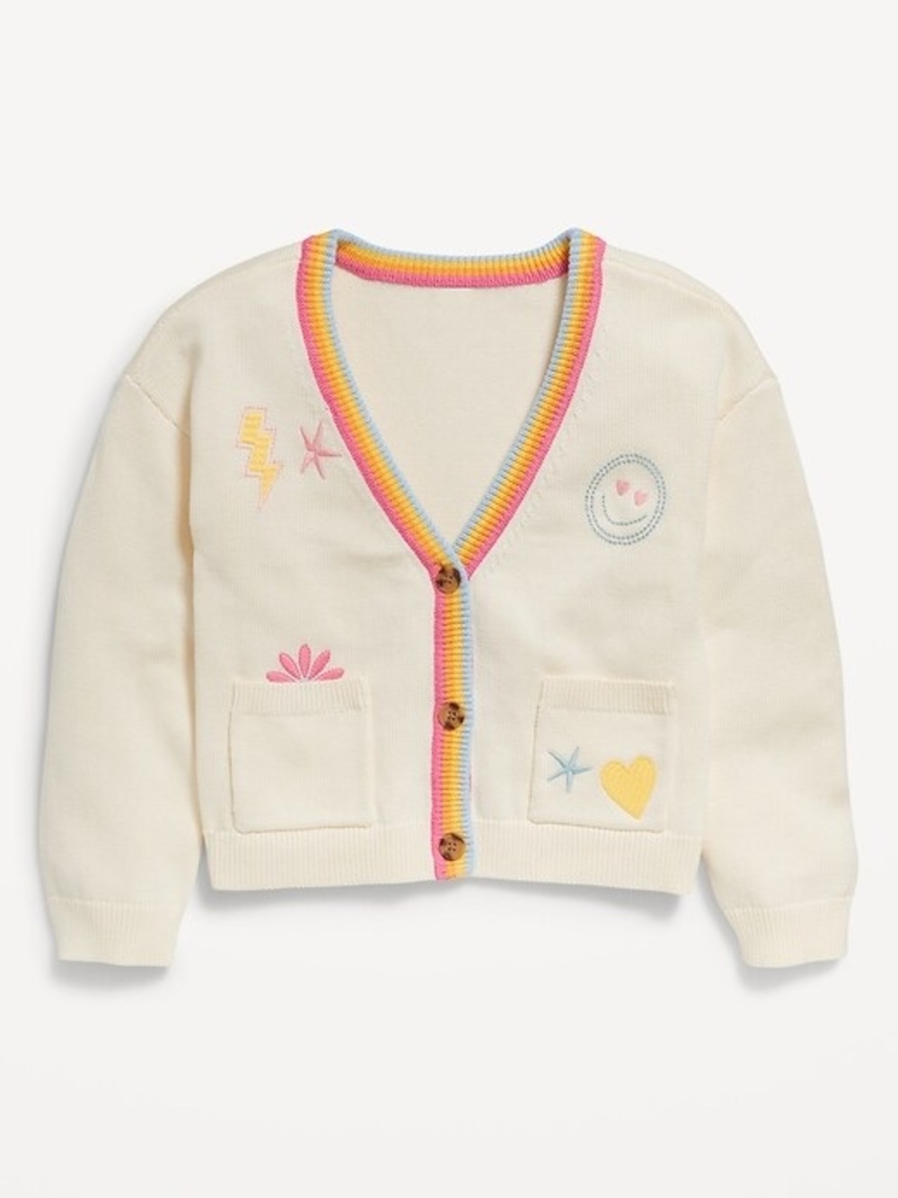 Cream Knit Embroidered Button-Front Cardigan Sweater Rainbow Trim Girls Sz 8 NWT